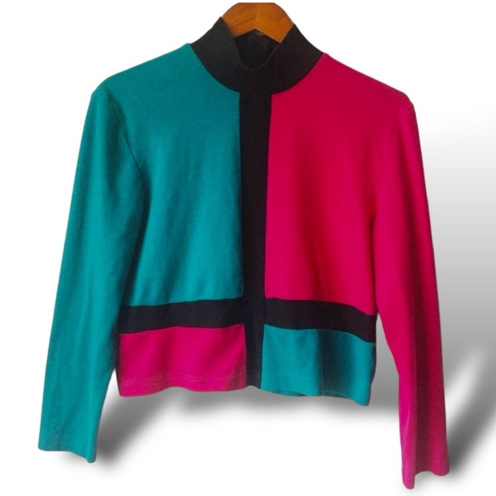 Vintage 80s Linda Lewis Colorblock Cardigan Pink & Green Button-Up Mock Neck M